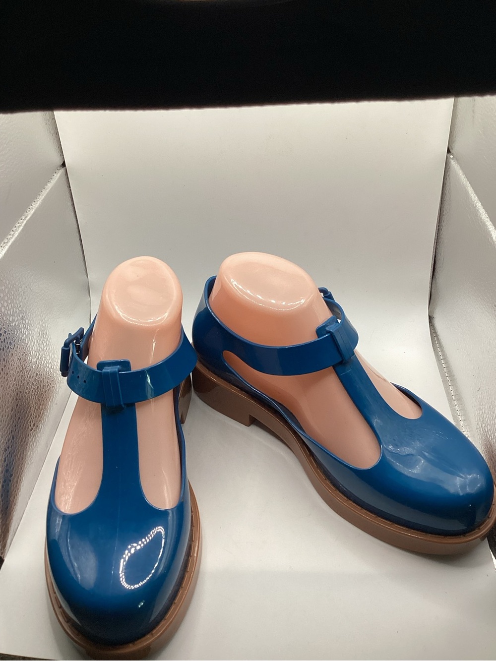 Melissa Kazakova T-Strap Jelly Flats Shoes Blue with Beige Sole Melissa